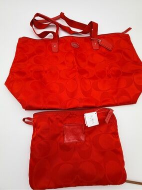 Coach Red Packable Tote Signature CC with Pouch F77321